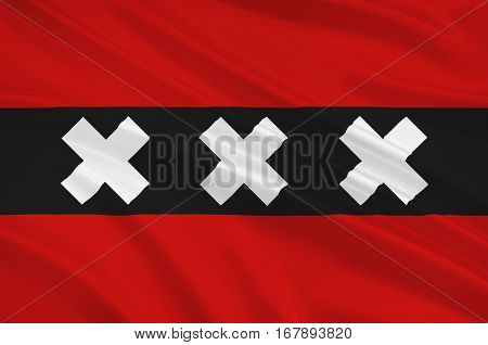 Flag of Amsterdam is the capital and most populous city of the Kingdom of the Netherlands. 3d illustration