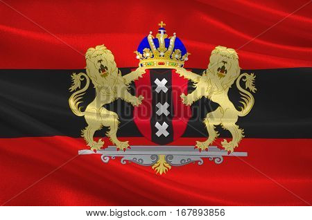 Flag of Amsterdam is the capital and most populous city of the Kingdom of the Netherlands. 3d illustration