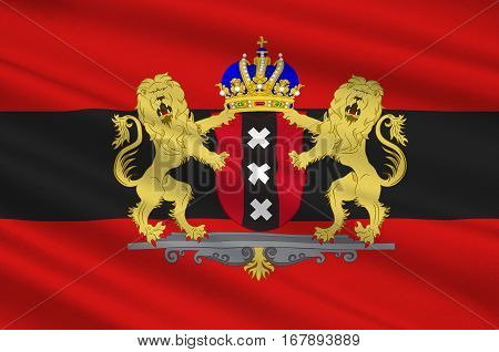 Flag of Amsterdam is the capital and most populous city of the Kingdom of the Netherlands. 3d illustration