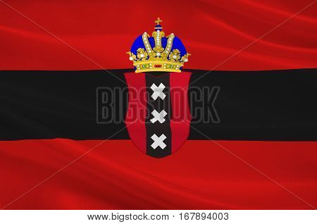 Flag of Amsterdam is the capital and most populous city of the Kingdom of the Netherlands. 3d illustration