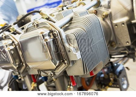 Piece of equipment of the aircraft engine closeup a aircraft engine detail in the exposition