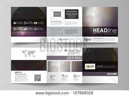 Set of business templates for tri fold square design brochures. Leaflet cover, abstract flat layout, easy editable vector. Dark color triangles and colorful circles. Abstract polygonal style modern background.