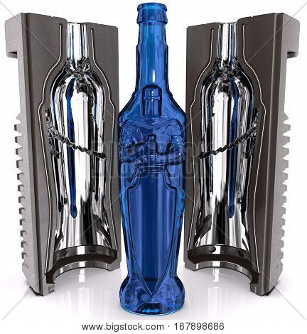 Molds for glass containers made of cast iron and finished dark blue empty bottle