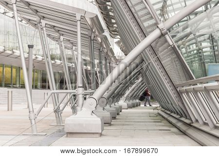 BRUSSELS BELGIUM - AUGUST 21 2014: Gare de Bruxelles-Luxembourg train station at the Espace Leopold (Leopold Square) under the Esplanade of the European Parliament