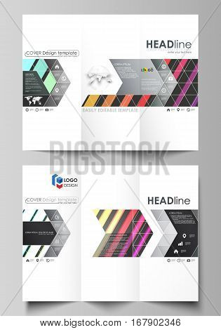 Tri-fold brochure business templates on both sides. Easy editable abstract layout in flat design, vector illustration. Bright color rectangles, colorful design, geometric rectangular shapes forming abstract beautiful background