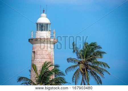 Close-up view with lighthouse old colonial fort Galle in Sri Lanka