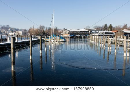 Beautiful Austrian landscape, Traunsee Gmunden, harbor frozzen