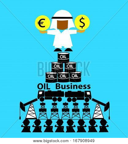 Oil market.  Business concept (oil sale, businessman,  derrick, gasoline tanker, workers, oilman, tanks). Oil Arab countries holds the currency (dollar, euro). Vector illustration.