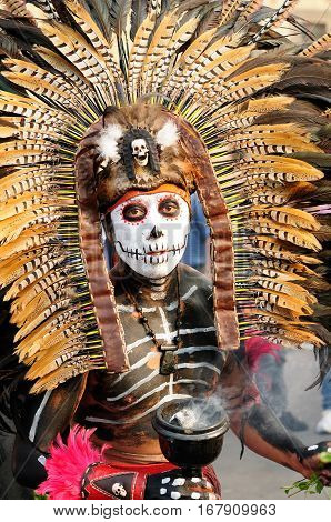 MEXICO MEXICO - FEBRUARY 16: Portrait of the traditional Aztec shaman in the capital city of Mexico on February 16 2013
