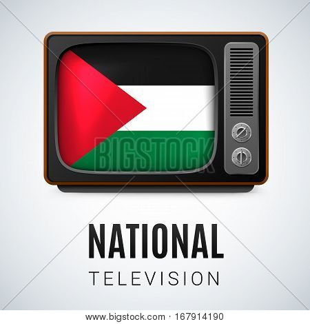 Vintage TV and Flag of Palestine as Symbol National Television. Button with Palestinian flag