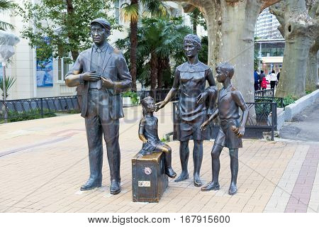 Sochi, Russia - February 9, 2016: Monument to heroes of Comedy directed by Leonid Gaidai The Diamond Arm, mounted near the building of the marine station.