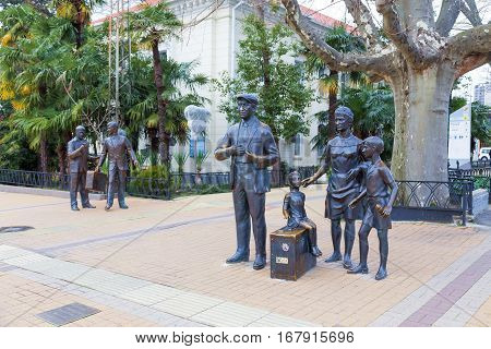 Sochi, Russia - February 9, 2016: Monument to heroes of Comedy directed by Leonid Gaidai The Diamond Arm, mounted near the building of the marine station.