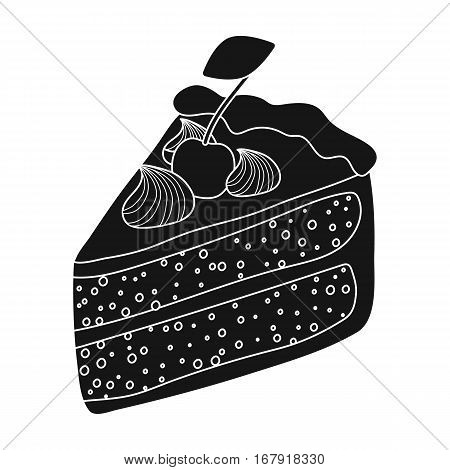 Slice of chocolate cake icon in black design isolated on white background. Chocolate desserts symbol stock vector illustration.