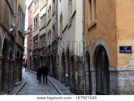 Lyon, France - December 20, 2016: The old house and the street. December 20 2016 in Lyon, France