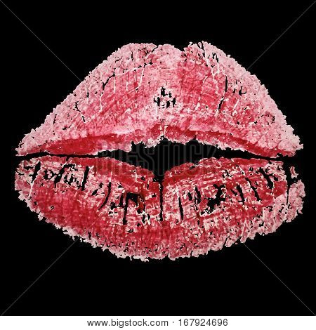 Lipstick realistic kiss imprint on black background.