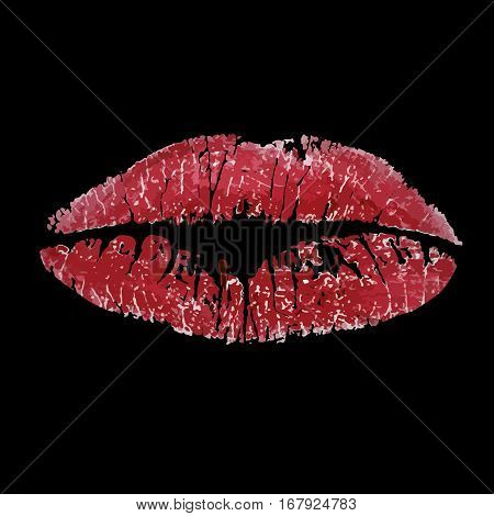 Lipstick realistic kiss imprint on black background.