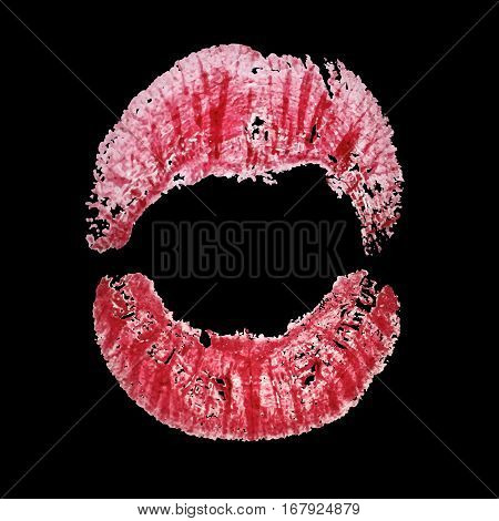 Lipstick realistic kiss imprint on black background.