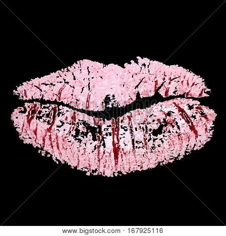 Lipstick realistic kiss imprint on black background.