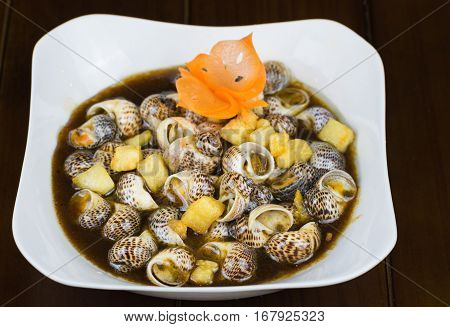 Stir-fried Snail With Tamarind, Specialty Food In Mekong Delta, Vietnam. Asian Food