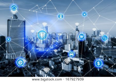 Smart city and wireless communication network business district with office building abstract image visual internet of things concept
