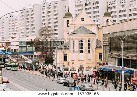 Minsk, Belarus - April 6, 2016: Cathedral of Saints Peter and Paul - temple of the Belarusian Exarchate of the Russian Orthodox Church. Full name - Cathedral of the Holy Apostles Sts Peter and Paul.