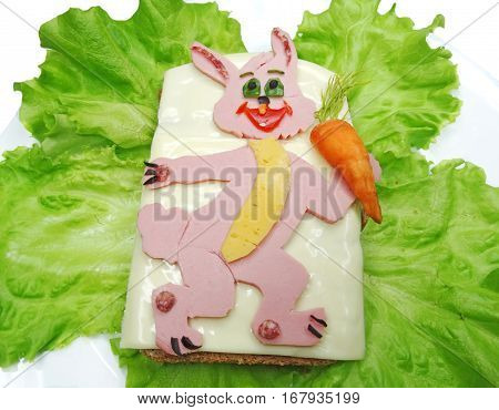 creative sandwich with cheese and salame hare shape