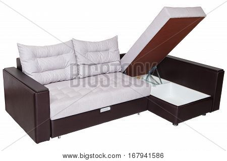 Corner convertible sofa-bed with storage space upholstery soft white fabric and armrests upholstered brown faux leather isolated on a white background saved path selection.