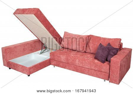 Corner convertible sofa bed with storage space upholstery soft pink fabric isolated on a white background saved path selection.