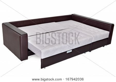 Folding sofa bed of white color full-size armrests upholstered brown leatherette isolated on a white background saved path selection.
