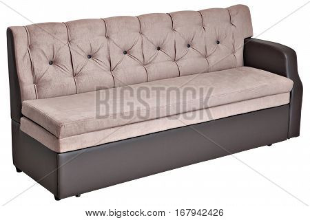 Folding light brown fabric sofa bed with storage isolated on white background saved path selection.