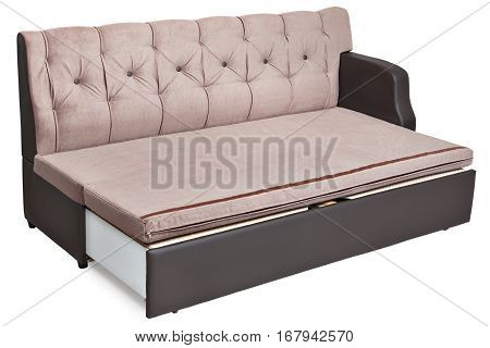 Full-size folding sofa-bed light brown fabric with storage space isolated on white background saved path selection.