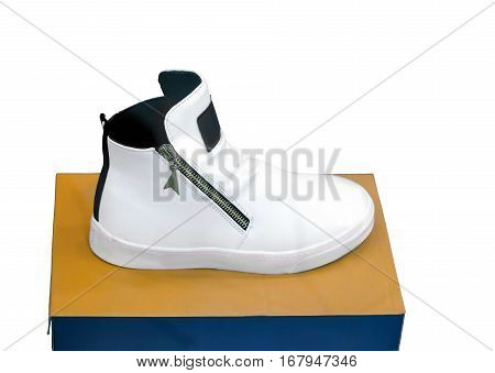 In a shop window presents a box of comfortable athletic shoes on a white background.