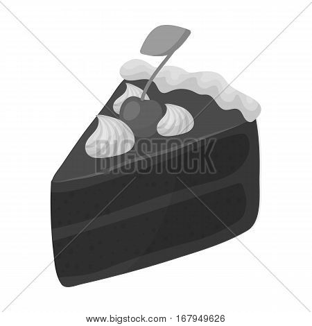 Slice of chocolate cake icon in monochrome design isolated on white background. Chocolate desserts symbol stock vector illustration.