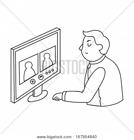 Video conference icon in outline design isolated on white background. Conference and negetiations symbol stock vector illustration.