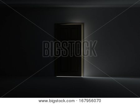 Open door with bright light streaming into very dark room. 3D Illustration