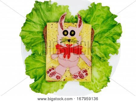 creative sandwich with cheese and salame hare shape