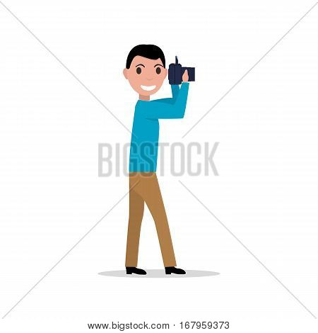 Vector illustration cartoon man with a photo camera. Isolated on white background. Photographer holding a photo device. Flat style.