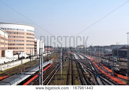 Railroad - Aerial view of a railway section for a long trip on the rails