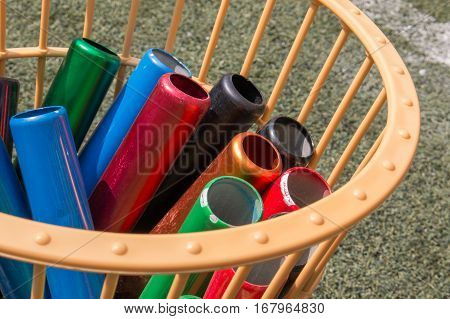 Many Colorful School Baton Of Running Preparing In A Basket For Running Competition. Running Sport E