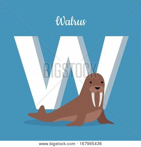 Walrus cow on ice floe with letter W isolated on blue. Large flippered marine mammal distributed about North Pole in Arctic Ocean. Part of alphabetic series with animals. ABC, alphabet. Vector