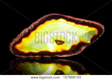 Yellow Green Agate Slice, Black Background, Healing Stone And Mineral