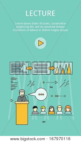 Business lecture banner. Business education, workshop, training skill, develop ability, staff training, people teamwork, personal development growth, training course concept. Vector line art