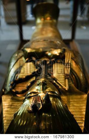 CAIRO, EGYPT - 07 JANUARY 2016: Tutankhamen's grave in Egyptian Museum in Cairo. It is main attraction object of the Museum.