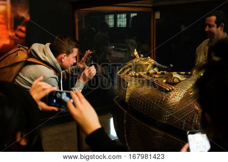 CAIRO, EGYPT - 07 JANUARY 2016: Tutankhamen's Mask in Egyptian Museum in Cairo. It is main attraction object of the Museum.