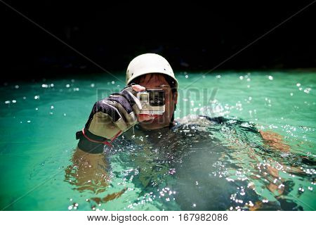 Canyoning in Lucas Canyon, Tena Valley, Pyrenees, Huesca Province, Aragon, Spain.