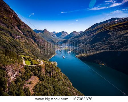 Geiranger fjord, Beautiful Nature Norway aerial photography. It is a 15-kilometre (9.3 mi) long branch off of the Sunnylvsfjorden, which is a branch off of the Storfjorden (Great Fjord).