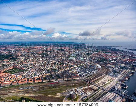 City aerial view over Copenhagen, The Denmark. View from the bird's flight