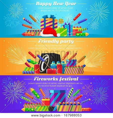 Happy New Year. Friendly party. Fireworks festival. Set fireworks. Different kinds of bright and great firecrackers. Interesting decorations. Colourful backgrounds. Flat design. Vector illustration