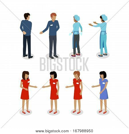 Set of sellers characters vector templates. Flat style design. Man and woman selling goods. Supermarket personnel, shopping in mall concept. Salesman and saleswoman. Shop assistant, clerk illustration