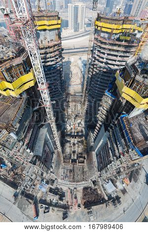 United Arab Emirates Dubai 05/21/2015 Damac Towers Dubai by Paramount construction and building ariel views with cityscape background
